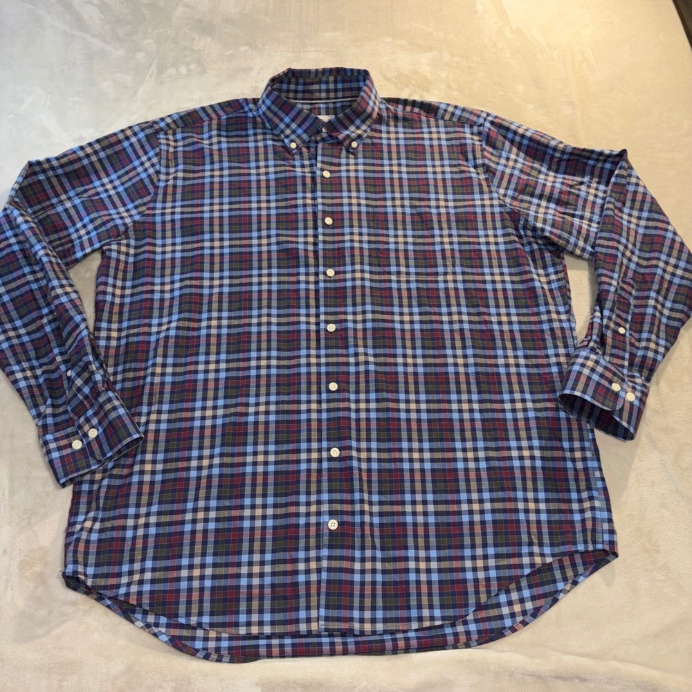 Peter Millar Mens XL Performance Plaid Button Down Shirt Blue Red‎ Stretch Pique